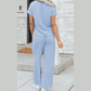 Tina Blue Stripe Crew Neck Tee Drawstring Waist Cropped Pants Set
