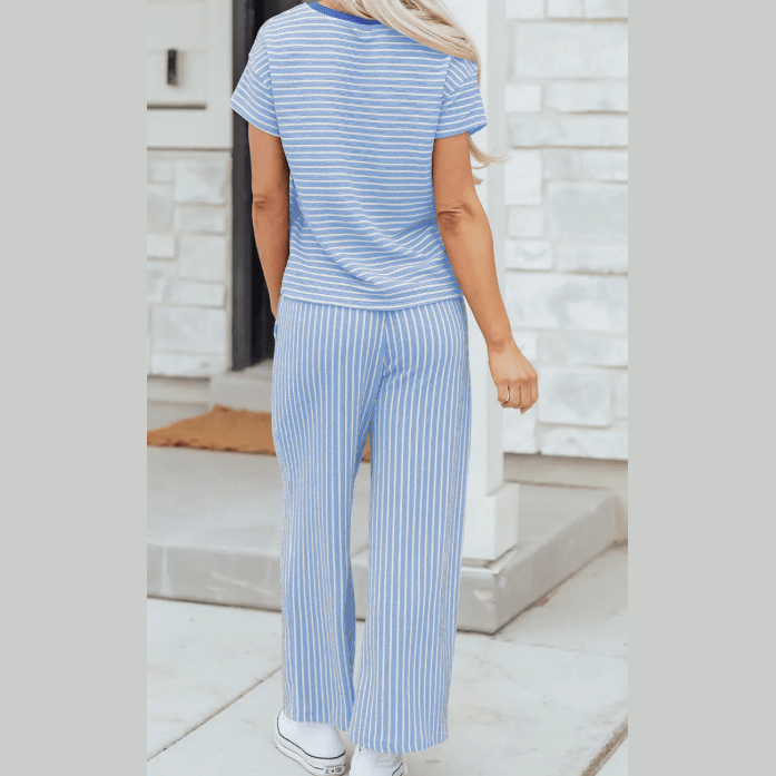 Tina Blue Stripe Crew Neck Tee Drawstring Waist Cropped Pants Set