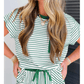 Tina Green Stripe Crew Neck Tee Drawstring Waist Cropped Pants Set