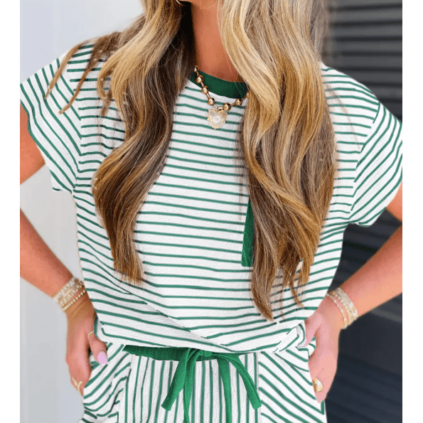Tina Green Stripe Crew Neck Tee Drawstring Waist Cropped Pants Set
