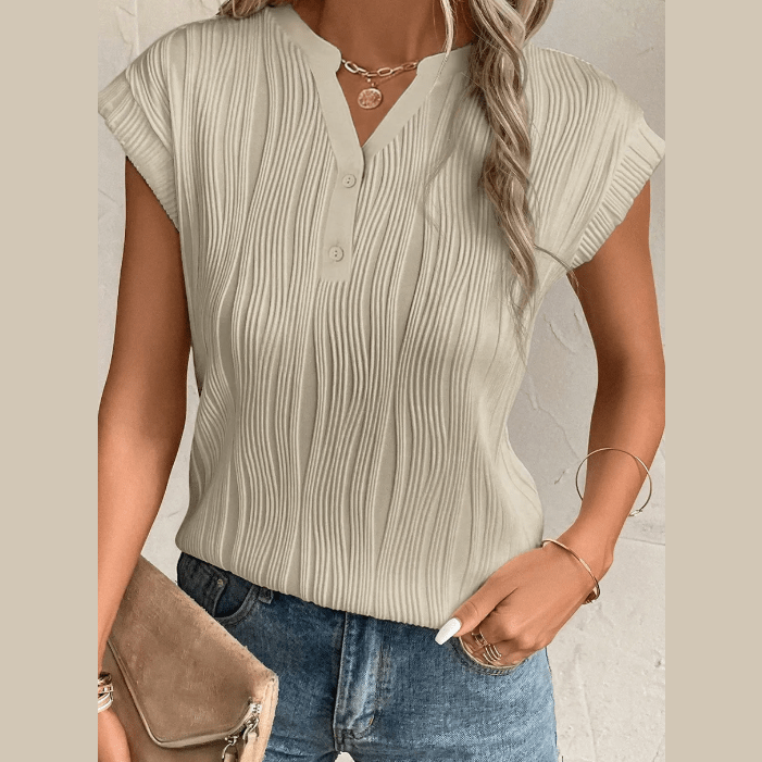 Monette Apricot Wavy Textured Button V Neck Tee