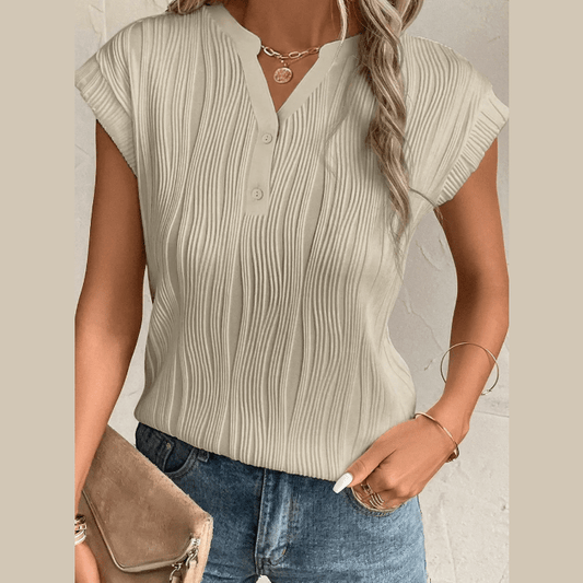 Monette Apricot Wavy Textured Button V Neck Tee