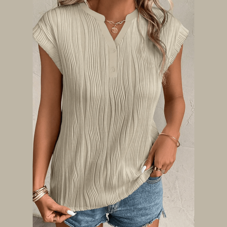 Monette Apricot Wavy Textured Button V Neck Tee