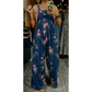 Clorinda Dark Blue Floral Print Pleated High Waist Wide Leg Denim Jumpsuit
