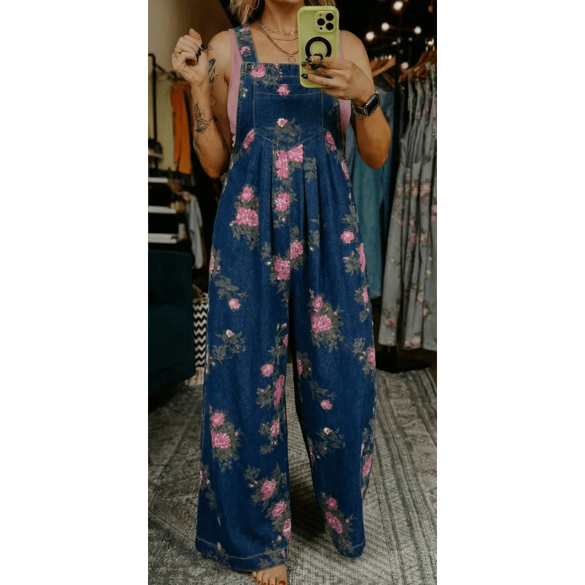 Clorinda Dark Blue Floral Print Pleated High Waist Wide Leg Denim Jumpsuit