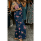 Clorinda Dark Blue Floral Print Pleated High Waist Wide Leg Denim Jumpsuit