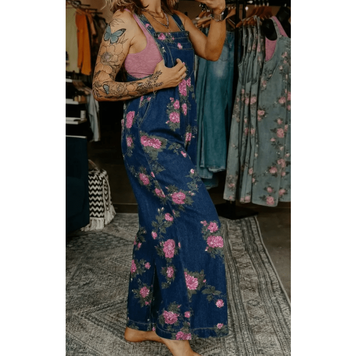 Clorinda Dark Blue Floral Print Pleated High Waist Wide Leg Denim Jumpsuit