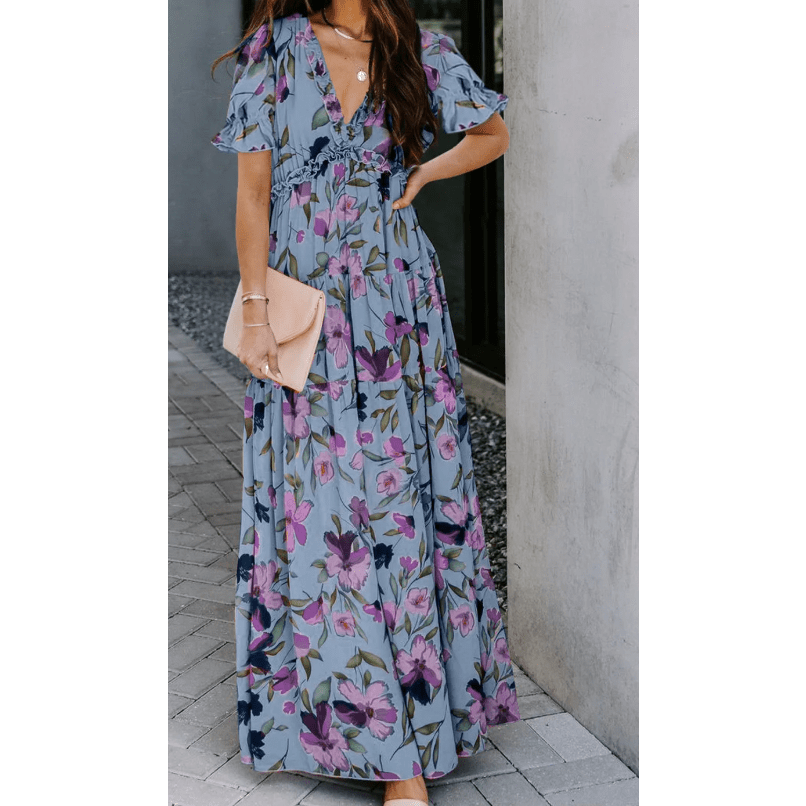 Penelope Purple Floral Print Frilled V Neck Short Sleeve Maxi Dress