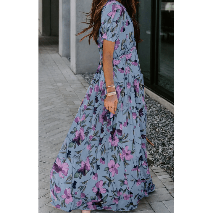 Penelope Purple Floral Print Frilled V Neck Short Sleeve Maxi Dress
