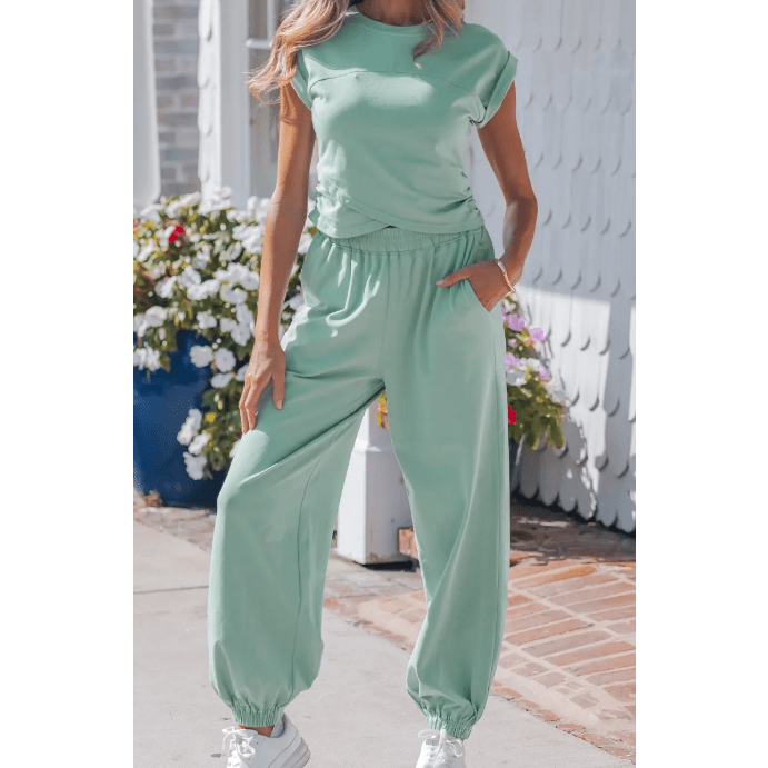 Marcella Moonlit Jade Cropped Tank Top and Jogger Pants Set