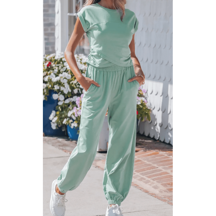 Marcella Moonlit Jade Cropped Tank Top and Jogger Pants Set