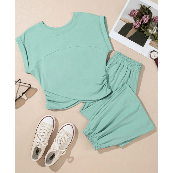 Marcella Moonlit Jade Cropped Tank Top and Jogger Pants Set