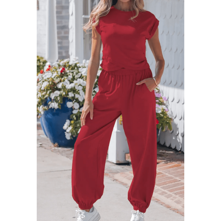 Marcella Red Cropped Tank Top and Jogger Pants Set