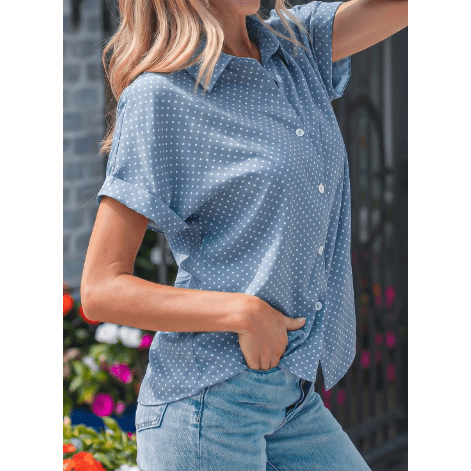 Emilee Sky Blue Dotted Print Cuffed Short Sleeve Shirt