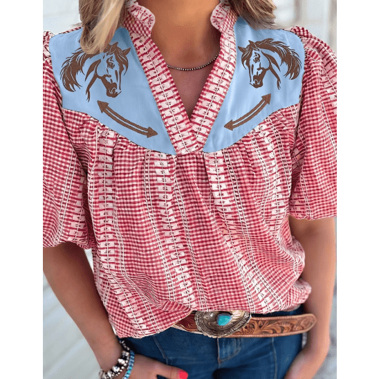 Kaytee Red Western Pony Embroidered Yoke Puff Sleeve Gingham Blouse