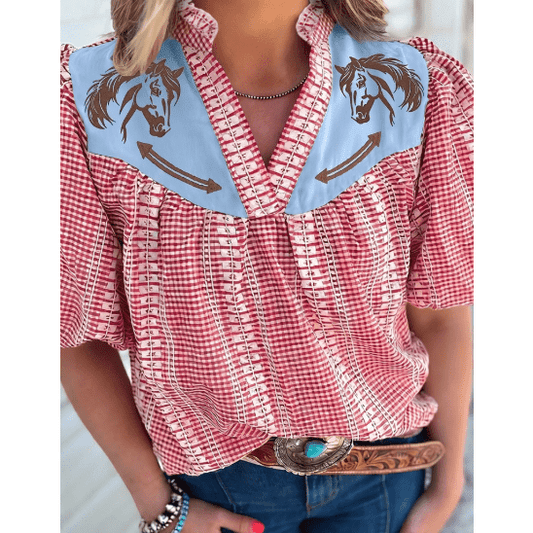Kaytee Red Western Pony Embroidered Yoke Puff Sleeve Gingham Blouse
