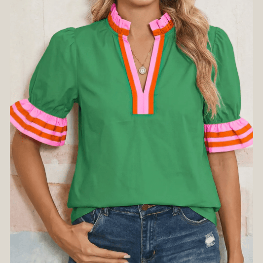 Jacquie Green Striped Frilled Collar Ruffled Short Sleeve Blouse