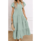 Kaci Aqua V Neck Short Puff Sleeve High Waist Tiered Maxi Dress