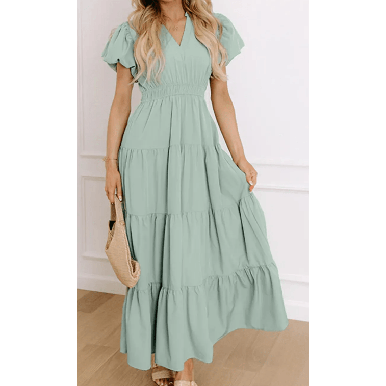 Kaci Aqua V Neck Short Puff Sleeve High Waist Tiered Maxi Dress