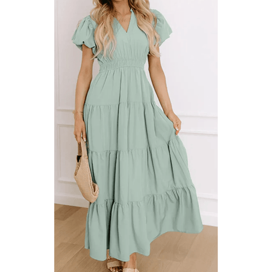 Kaci Aqua V Neck Short Puff Sleeve High Waist Tiered Maxi Dress