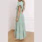 Kaci Aqua V Neck Short Puff Sleeve High Waist Tiered Maxi Dress