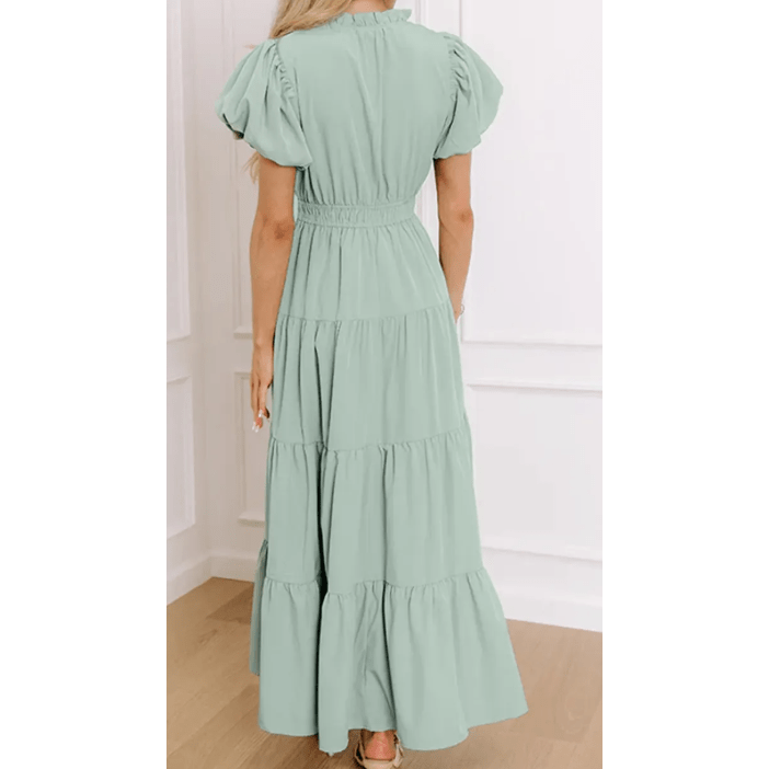 Kaci Aqua V Neck Short Puff Sleeve High Waist Tiered Maxi Dress