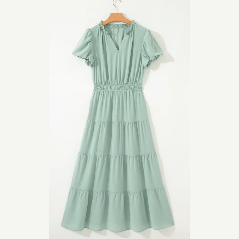 Kaci Aqua V Neck Short Puff Sleeve High Waist Tiered Maxi Dress