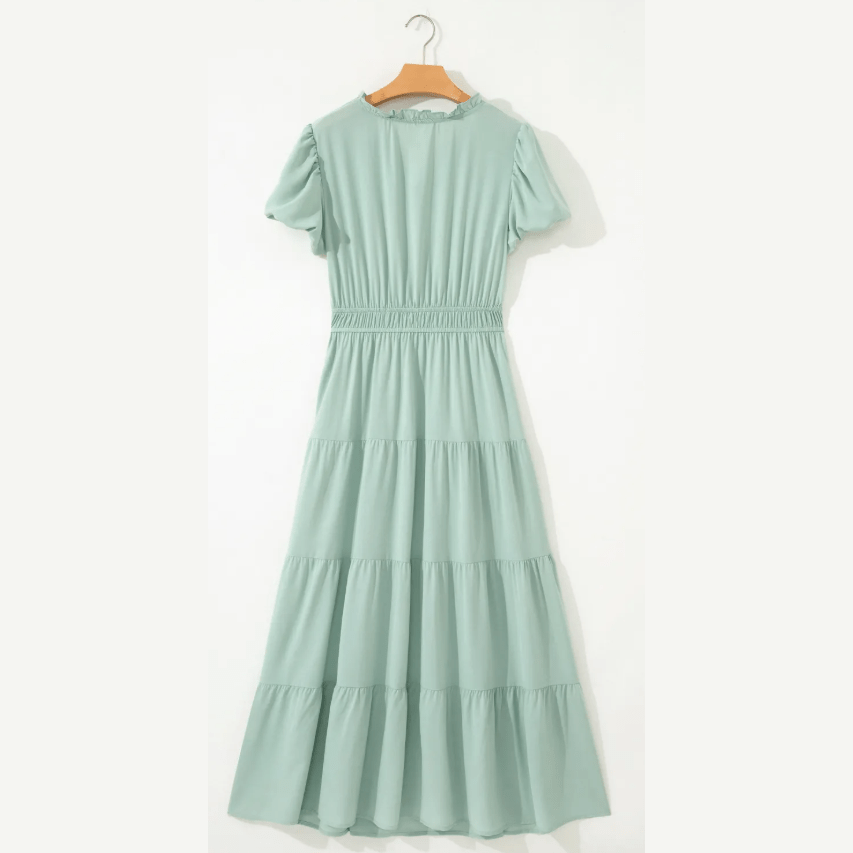 Kaci Aqua V Neck Short Puff Sleeve High Waist Tiered Maxi Dress