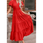 Kaci Red V Neck Short Puff Sleeve High Waist Tiered Maxi Dress