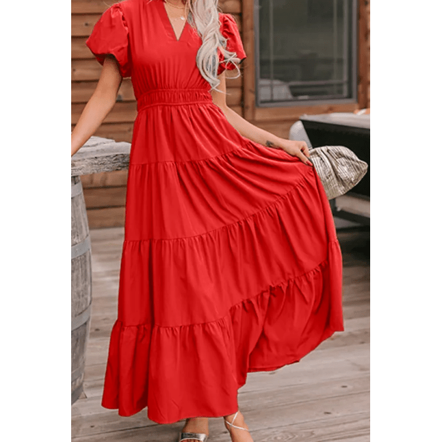 Kaci Red V Neck Short Puff Sleeve High Waist Tiered Maxi Dress