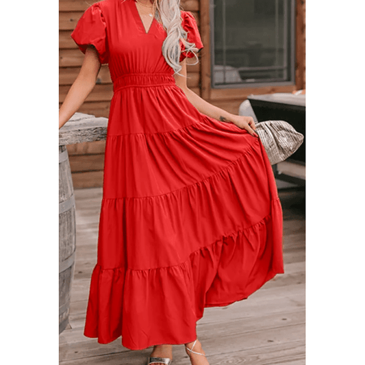 Kaci Red V Neck Short Puff Sleeve High Waist Tiered Maxi Dress