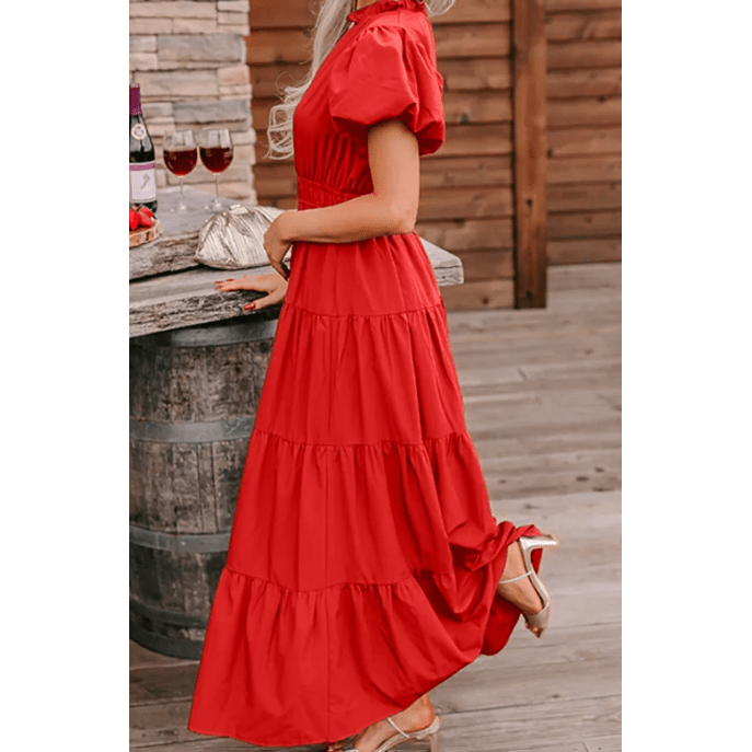 Kaci Red V Neck Short Puff Sleeve High Waist Tiered Maxi Dress