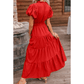 Kaci Red V Neck Short Puff Sleeve High Waist Tiered Maxi Dress