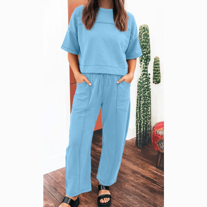 Dorcas Light Blue Drop Shoulder Boxy Tee and Barrel Pants Set