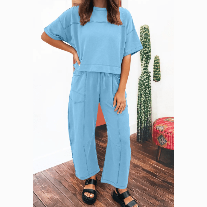 Dorcas Light Blue Drop Shoulder Boxy Tee and Barrel Pants Set
