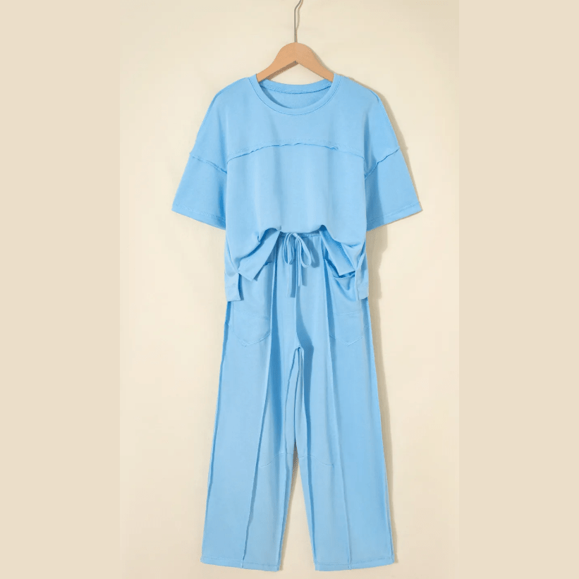 Dorcas Light Blue Drop Shoulder Boxy Tee and Barrel Pants Set