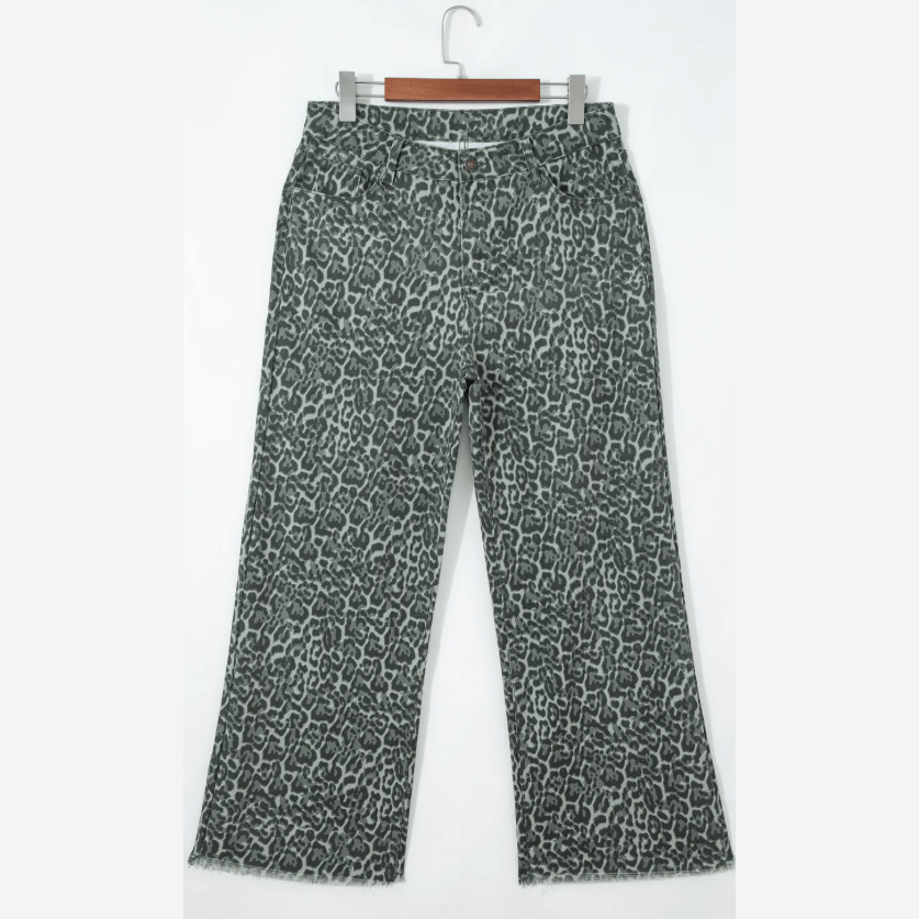 Melba Dark Grey Leopard Frayed Edge Wide Leg High Waist Jeans