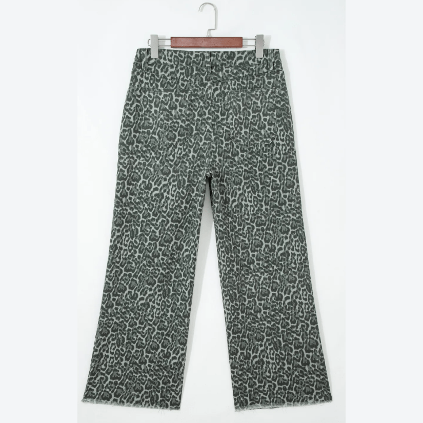 Melba Dark Grey Leopard Frayed Edge Wide Leg High Waist Jeans