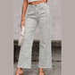 Melba Light Grey Leopard Frayed Edge Wide Leg High Waist Jeans