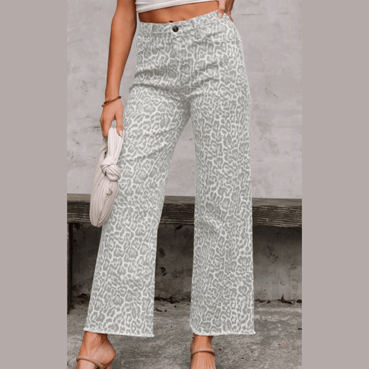 Melba Light Grey Leopard Frayed Edge Wide Leg High Waist Jeans