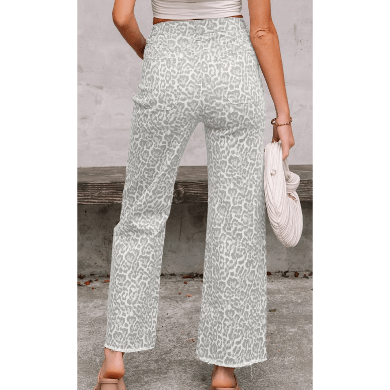 Melba Light Grey Leopard Frayed Edge Wide Leg High Waist Jeans