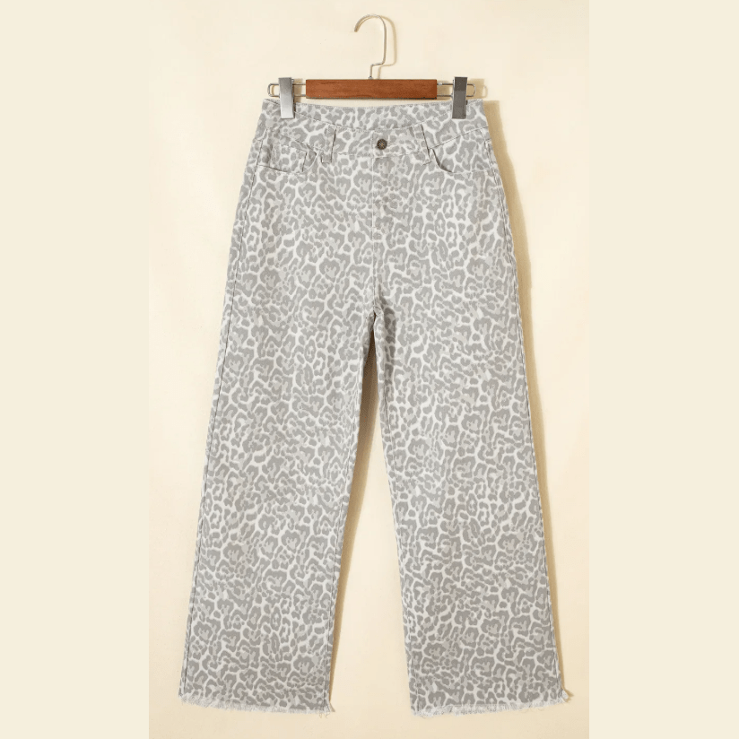 Melba Light Grey Leopard Frayed Edge Wide Leg High Waist Jeans