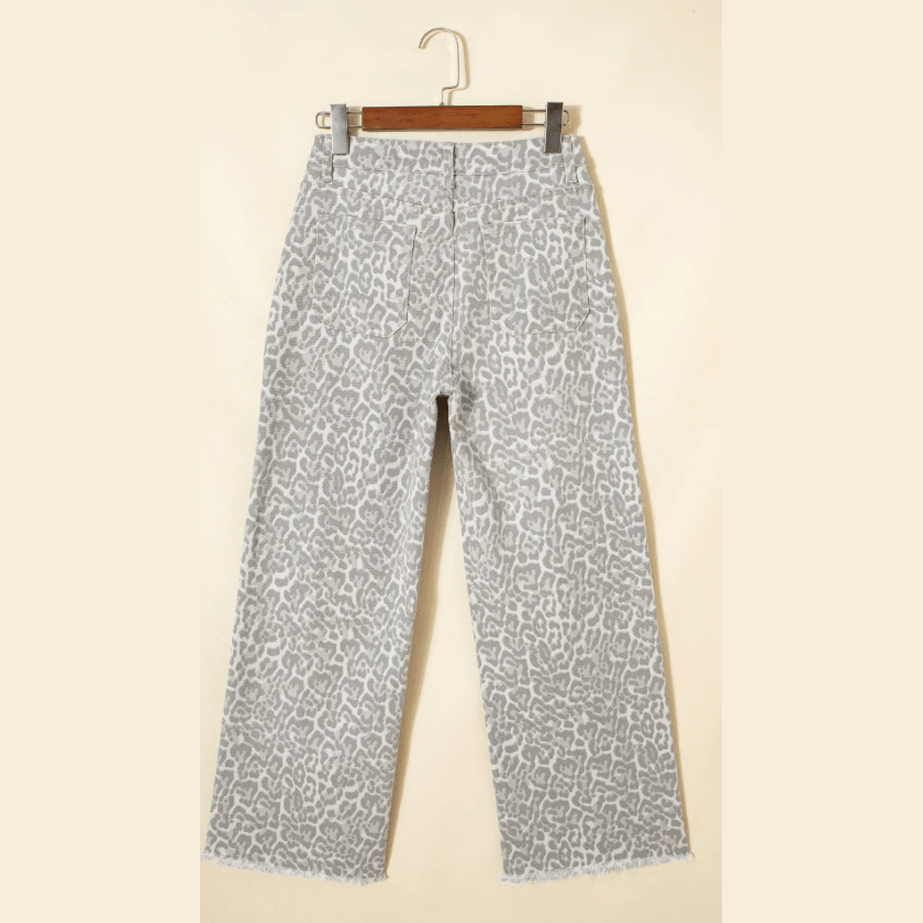 Melba Light Grey Leopard Frayed Edge Wide Leg High Waist Jeans