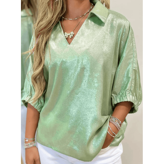 Paislee Green Collared V Neck Half Sleeve Metallic Top
