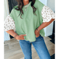 Nella Green Stripe Floral Puff Sleeve Patchwork Round Neck Loose Top
