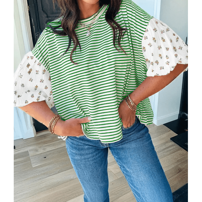 Nella Green Stripe Floral Puff Sleeve Patchwork Round Neck Loose Top