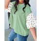 Nella Green Stripe Floral Puff Sleeve Patchwork Round Neck Loose Top