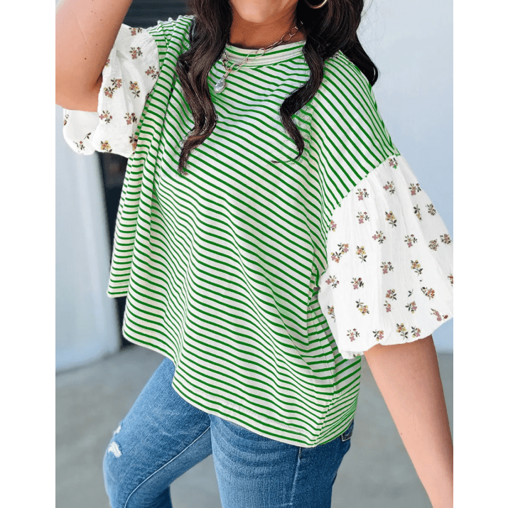 Nella Green Stripe Floral Puff Sleeve Patchwork Round Neck Loose Top