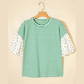 Nella Green Stripe Floral Puff Sleeve Patchwork Round Neck Loose Top