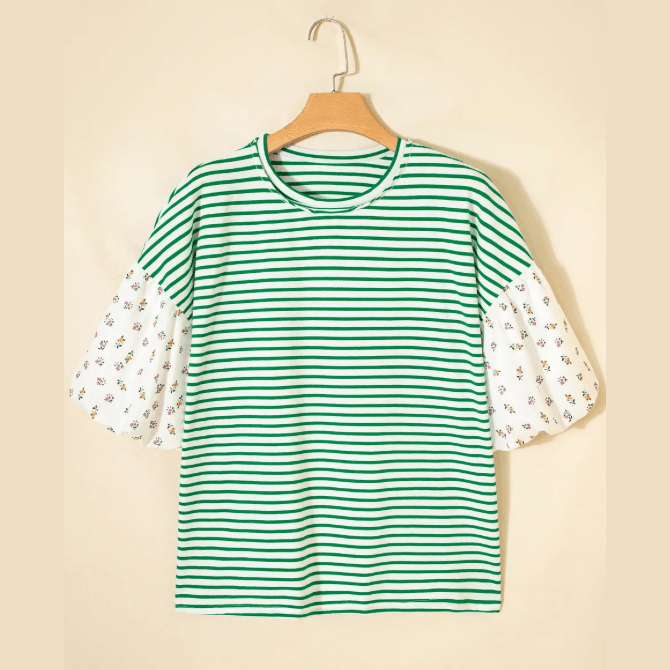 Nella Green Stripe Floral Puff Sleeve Patchwork Round Neck Loose Top